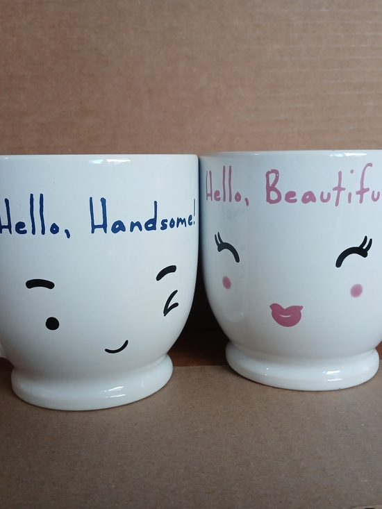 The Unbranded Brand Other - His & Hers Coffee Mugs Set of 2 – Hello Handsome & Hello Beautiful Heart Handles